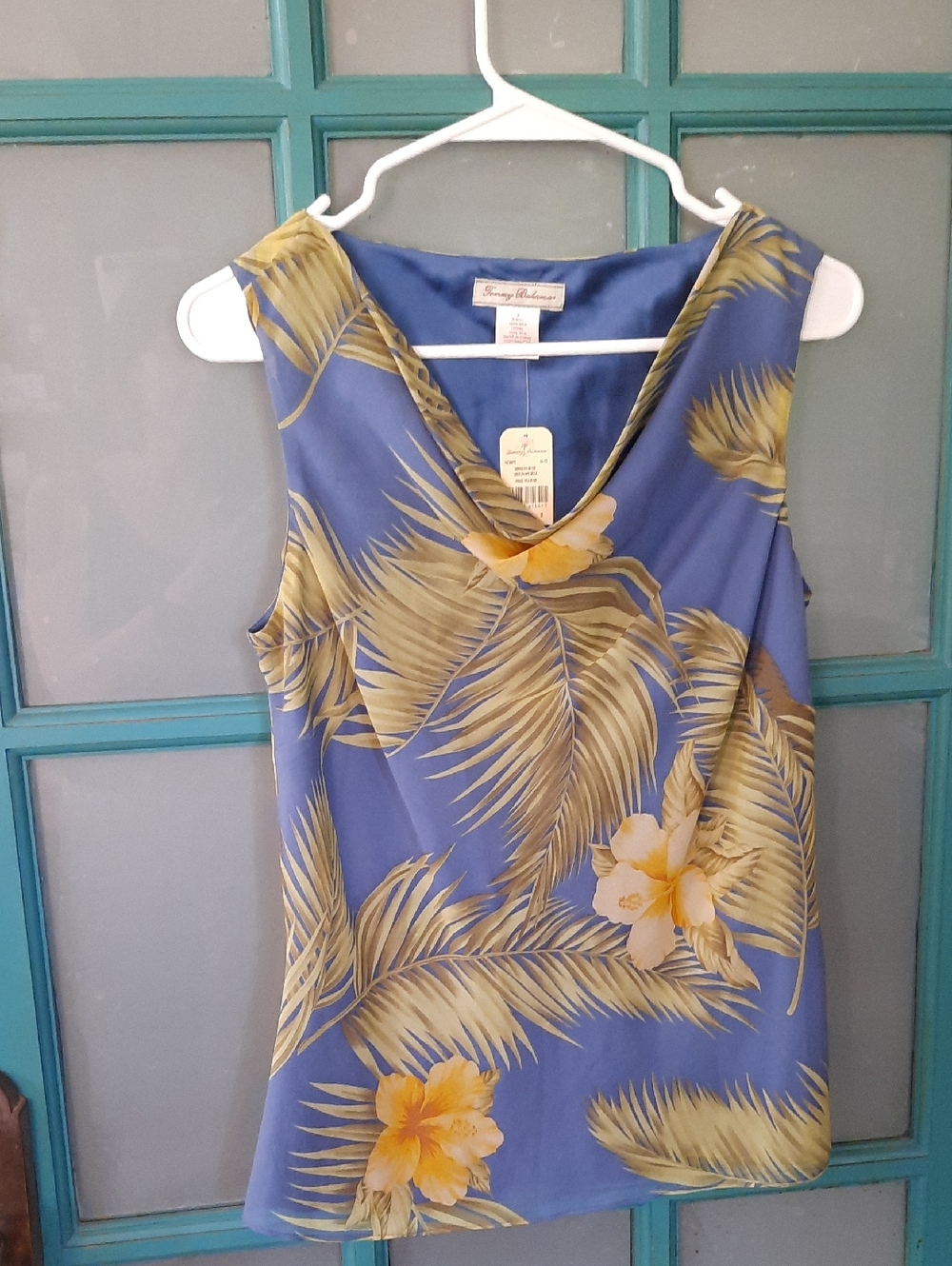 Tommy Bahama Blue and Yellow Tropical Cowl-Neck Sleeveless Top